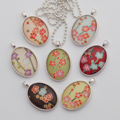 Water Willow Design Chiyogami Oval Pendant Necklace - Peach Plum Blossom